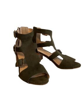 Cato Peep Toe Suede Sandal Buckle Accent Olive Green Size 8.5W